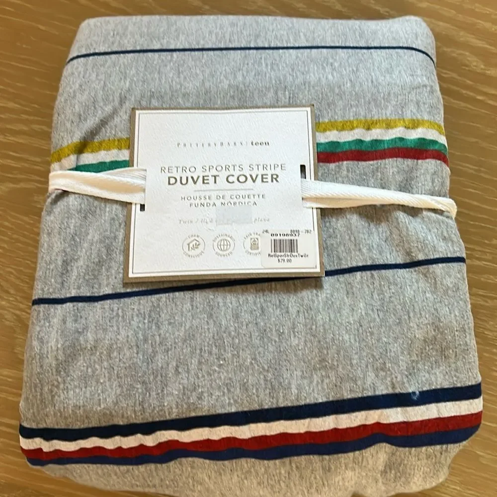 Pottery Barn Teen Kids Retro Sport Stripe Jersey Duvet Cover Gray Twin